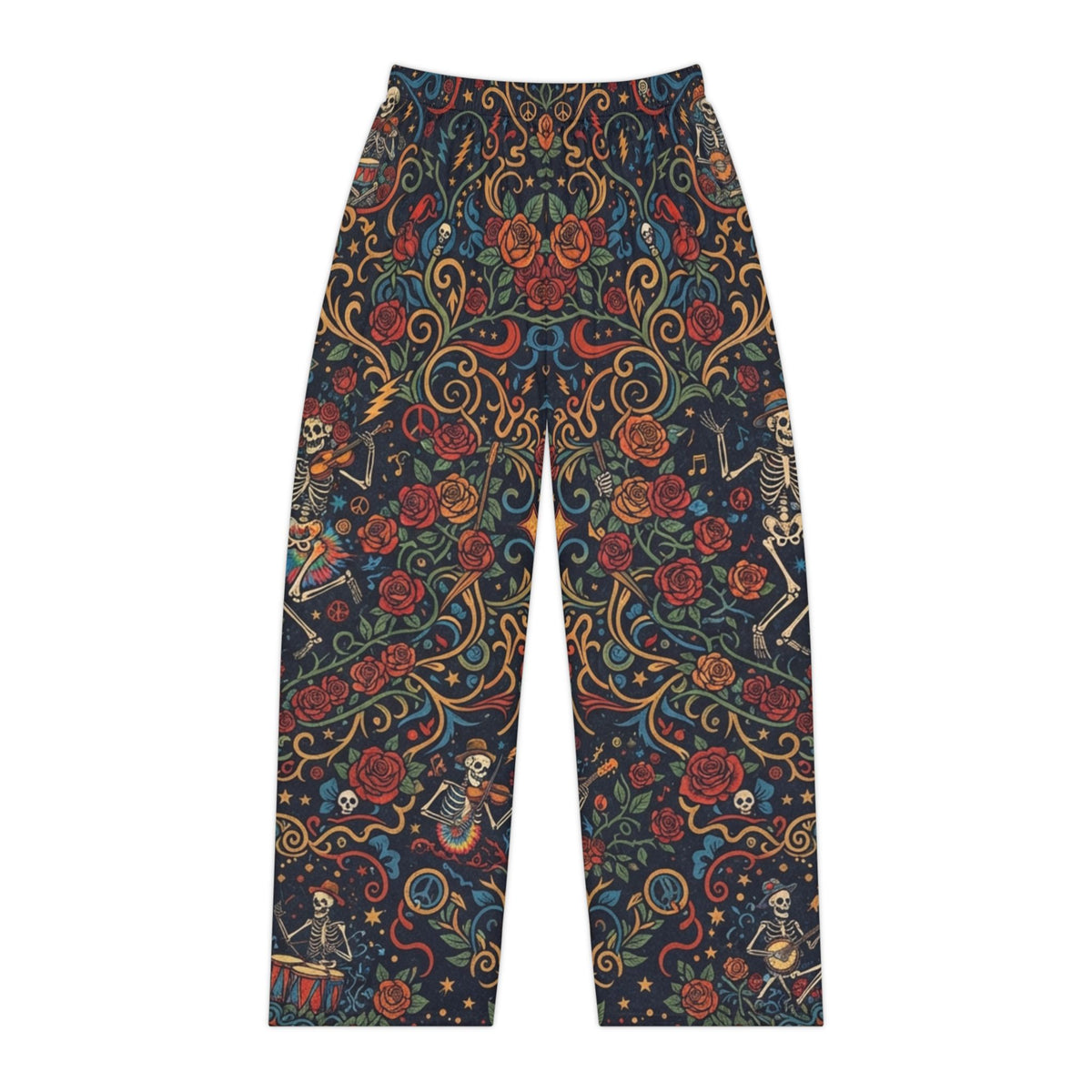 Ornate Deadhead Skeleton Pajama All-Over Print Loungewear Sleep Bottoms, Psychedelic Sacred Geometry Hippie Festival Pjs