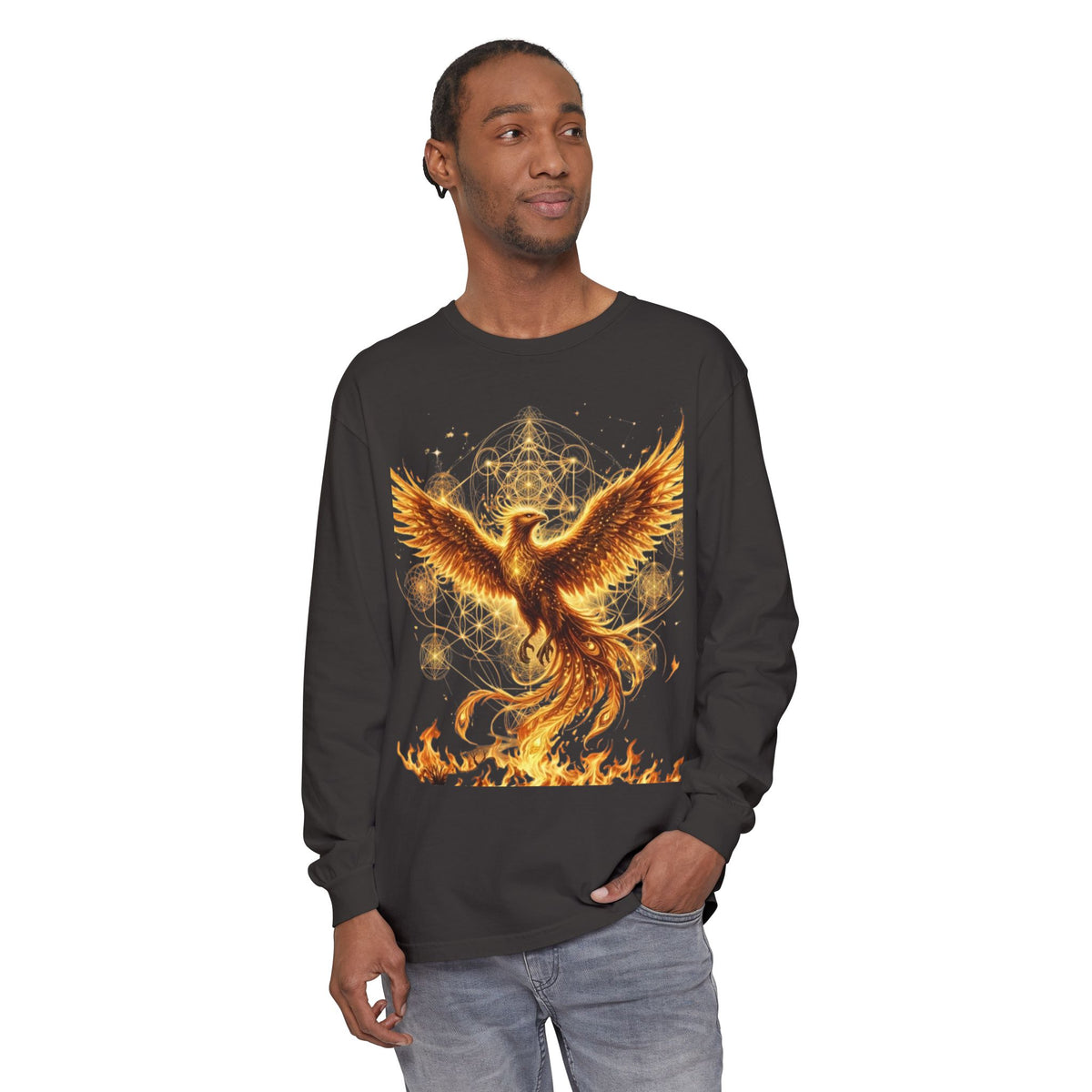 Fiery Phoenix Rising Long Sleeve | Golden Flame Bird Illustration