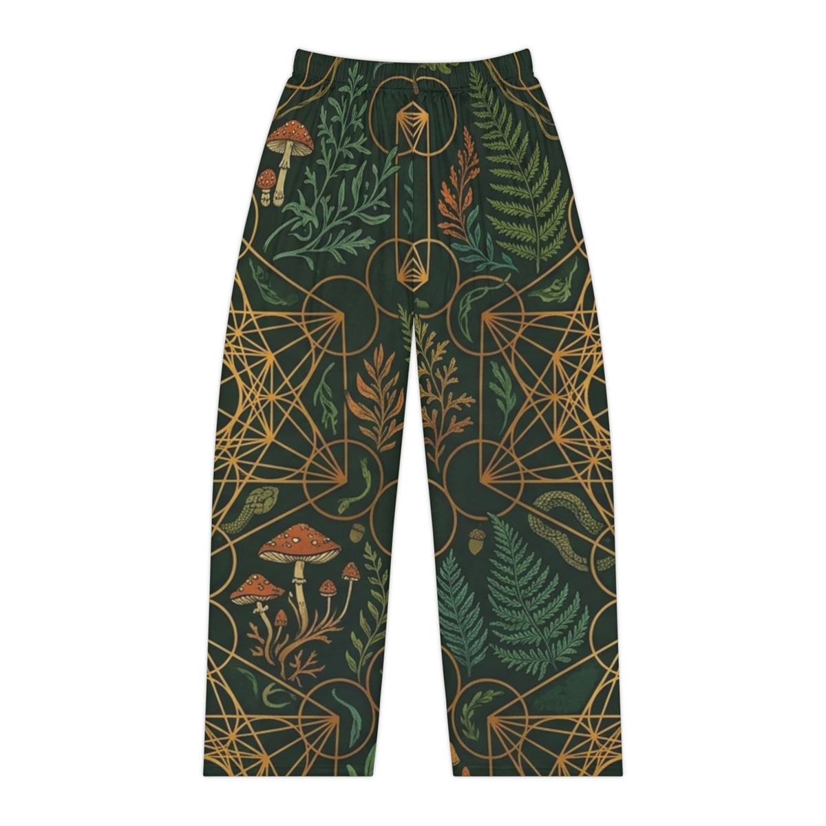 Unisex Mushrooms Geometric Pattern Pajama Pants - High-Definition Sacred Geometry Sleep Trousers, Boho Hippie Chic Comfort