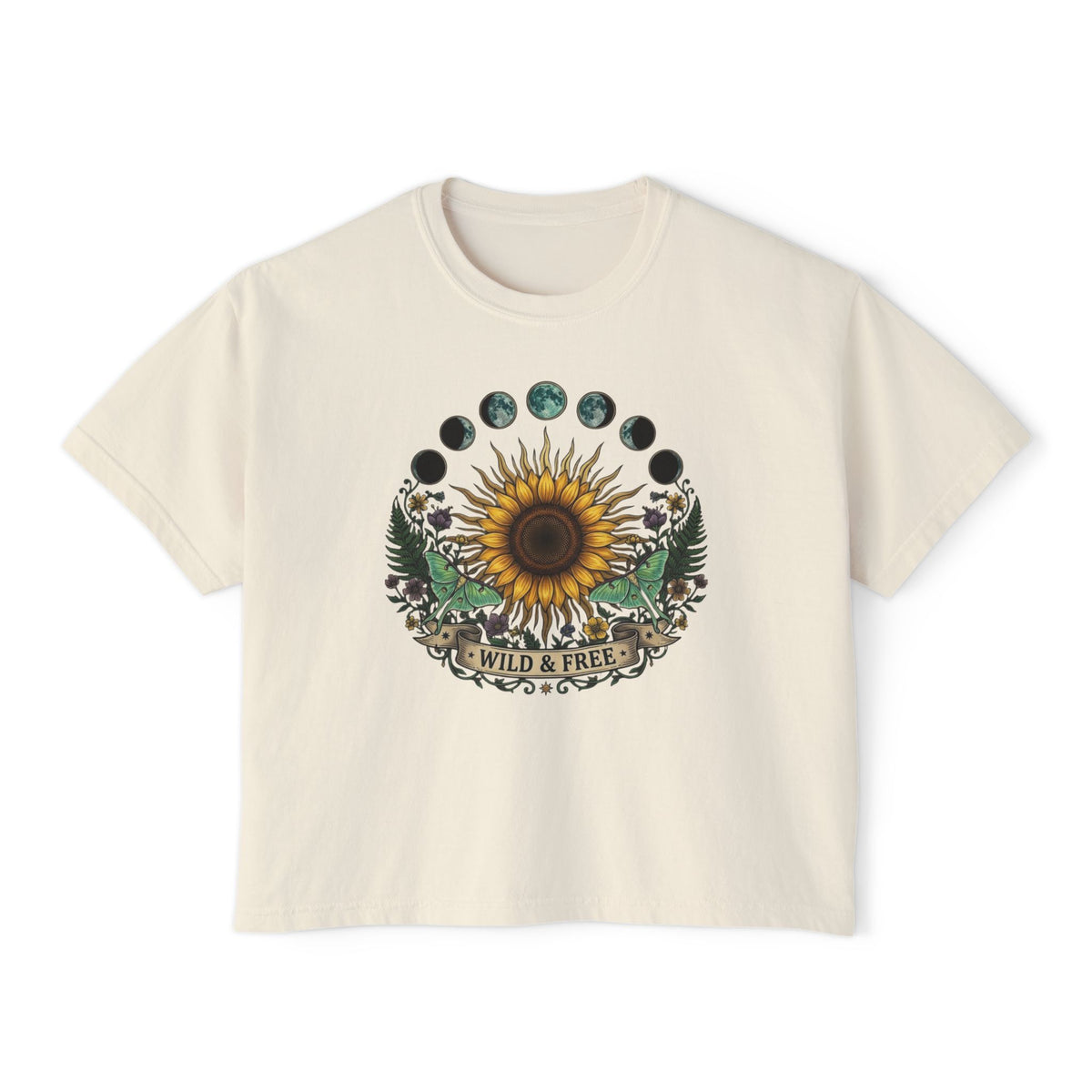 Sunflower Moon Phases Wild & Free Tee | Boxy Crop Shirt