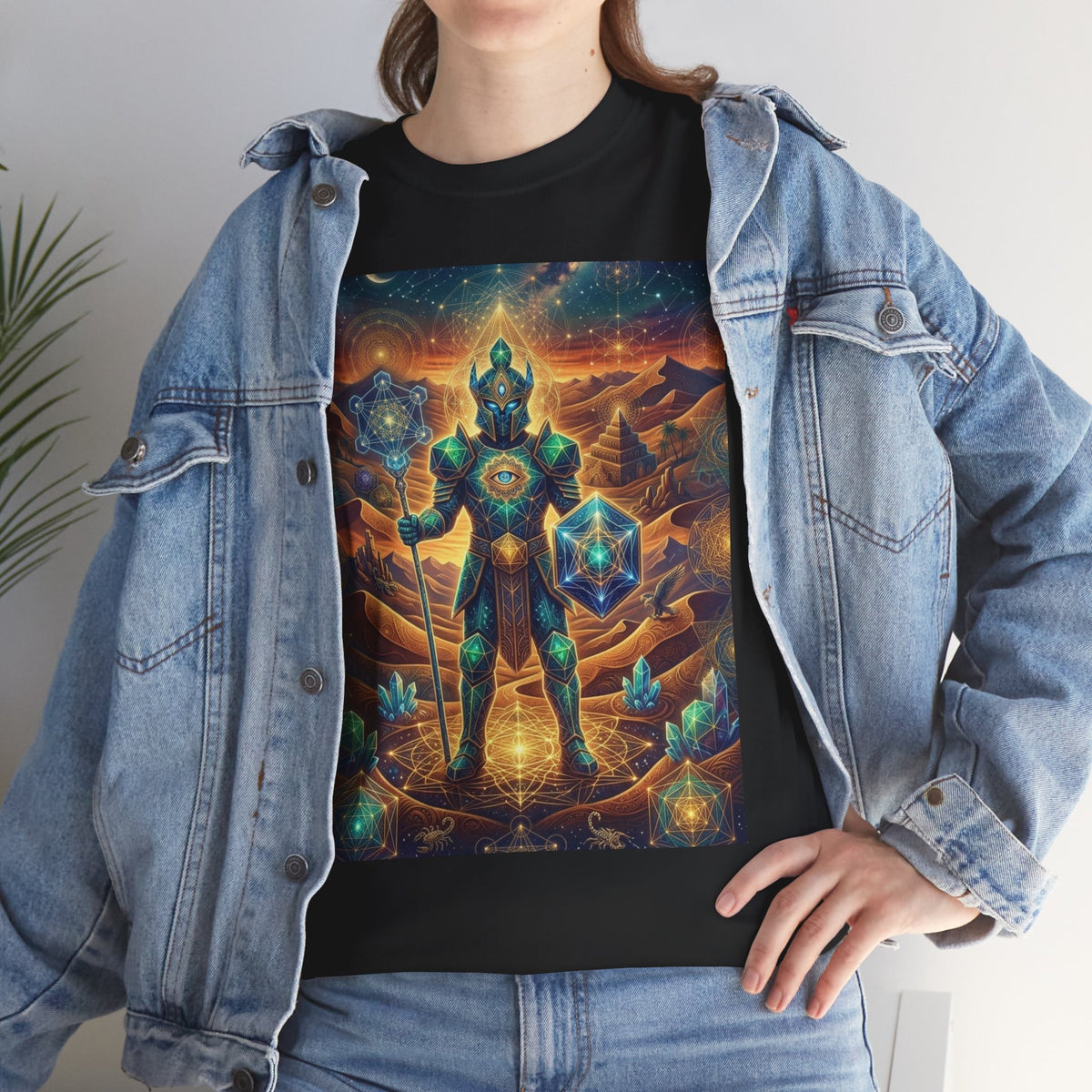 Cosmic Guardian Warrior T-Shirt | Mystic Geometric Armor, Starglow Artwork