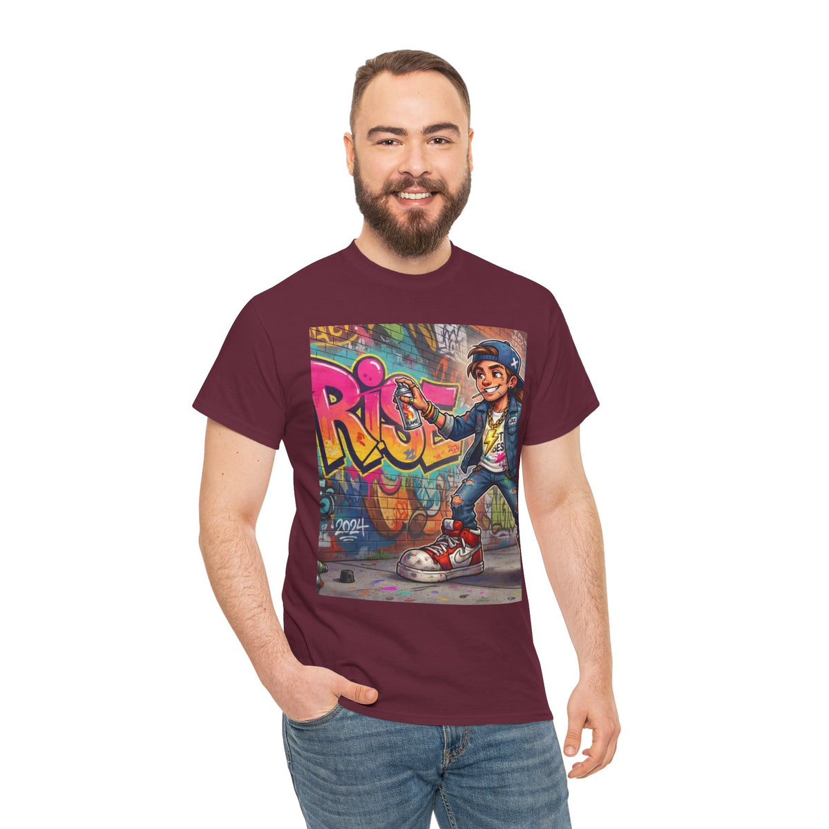Graffiti Kid Skateboard Art T-Shirt | Urban Streetwear, Colorful Spray Paint Design
