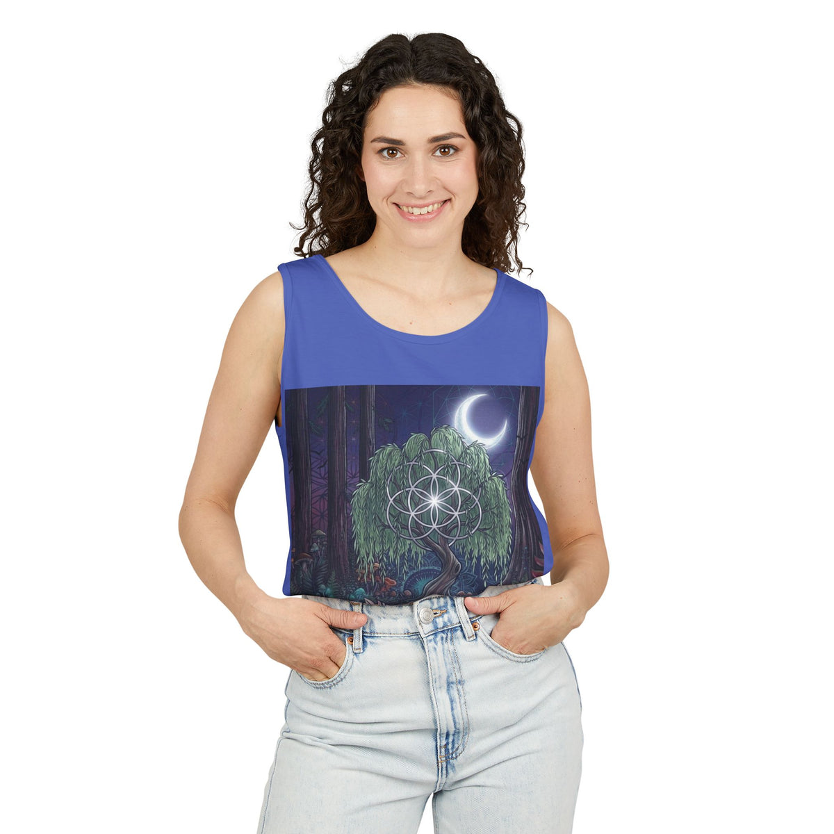 Mystical Moonlit Forest Tree Tank Top | Crescent Moon, Geometric Flower of Life