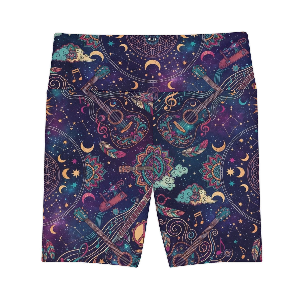 Celestial Music Pattern Workout Shorts | Cosmic Moon Sun Guitar