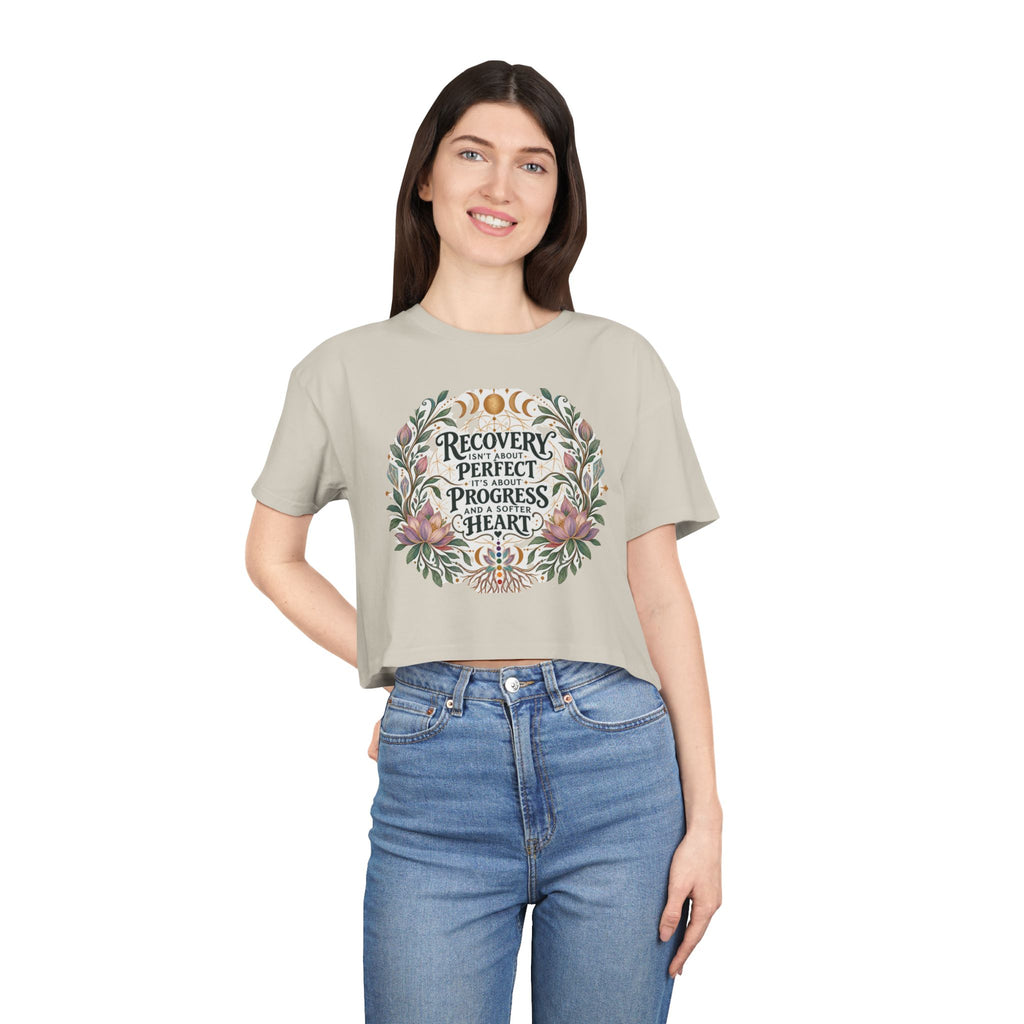 Recovery Is Progress Crop Tee | Floral Laurel Design, Inspirational Quote