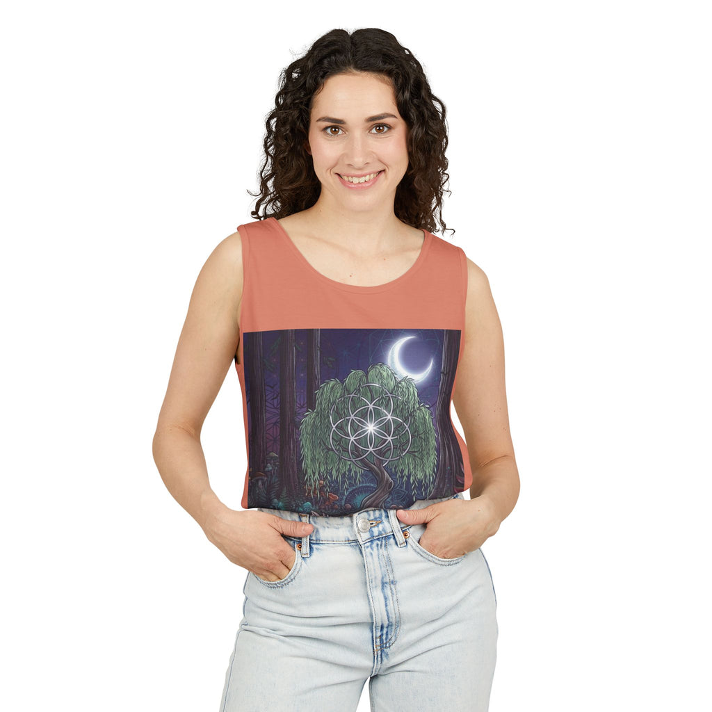 Mystical Moonlit Forest Tree Tank Top | Crescent Moon, Geometric Flower of Life