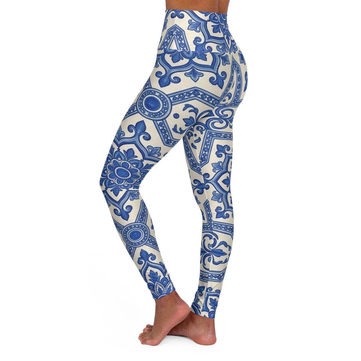 Blue Tile Pattern Leggings | High Waisted Yoga Leggings Spanish Talavera Ceramic Print, Mosaic Mandala Boho Festival Pants