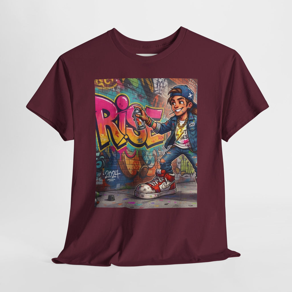 Graffiti Kid Skateboard Art T-Shirt | Urban Streetwear, Colorful Spray Paint Design