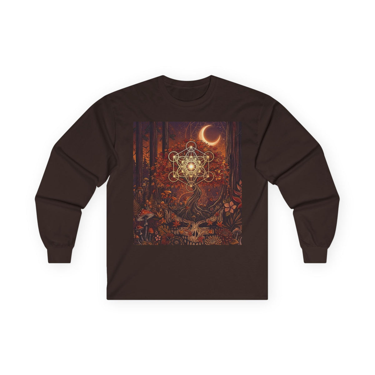 Mystic Crescent Mandala Long Sleeve Tee | Boho Moon Spiritual Art