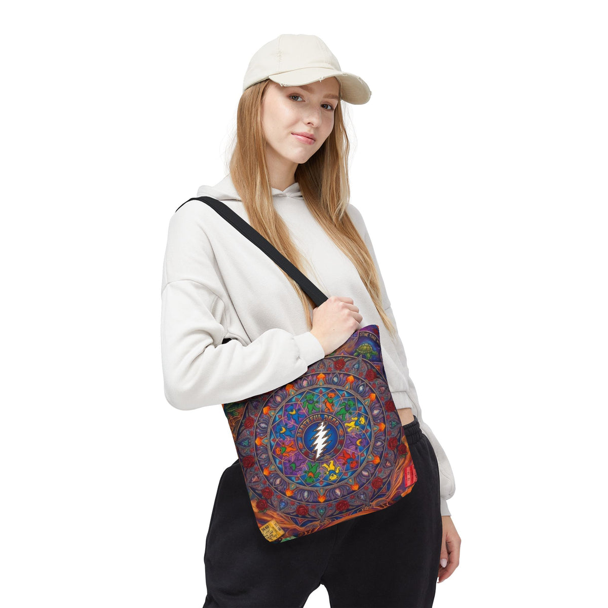 Psychedelic Mandala with Lightning Skull Tote Bag | Colorful Grateful Dead Art
