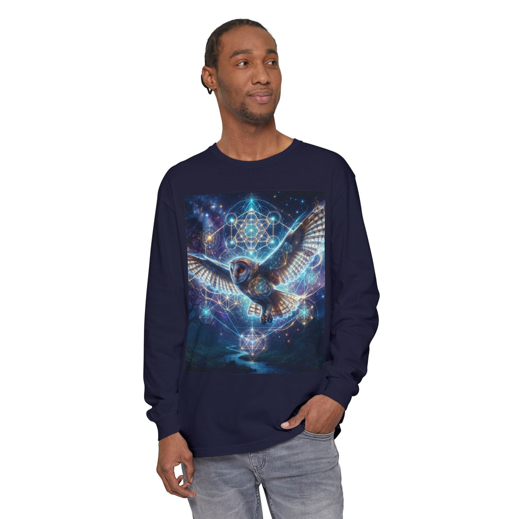 Mystic Barn Owl Long Sleeve T-Shirt | Geometric Night Sky