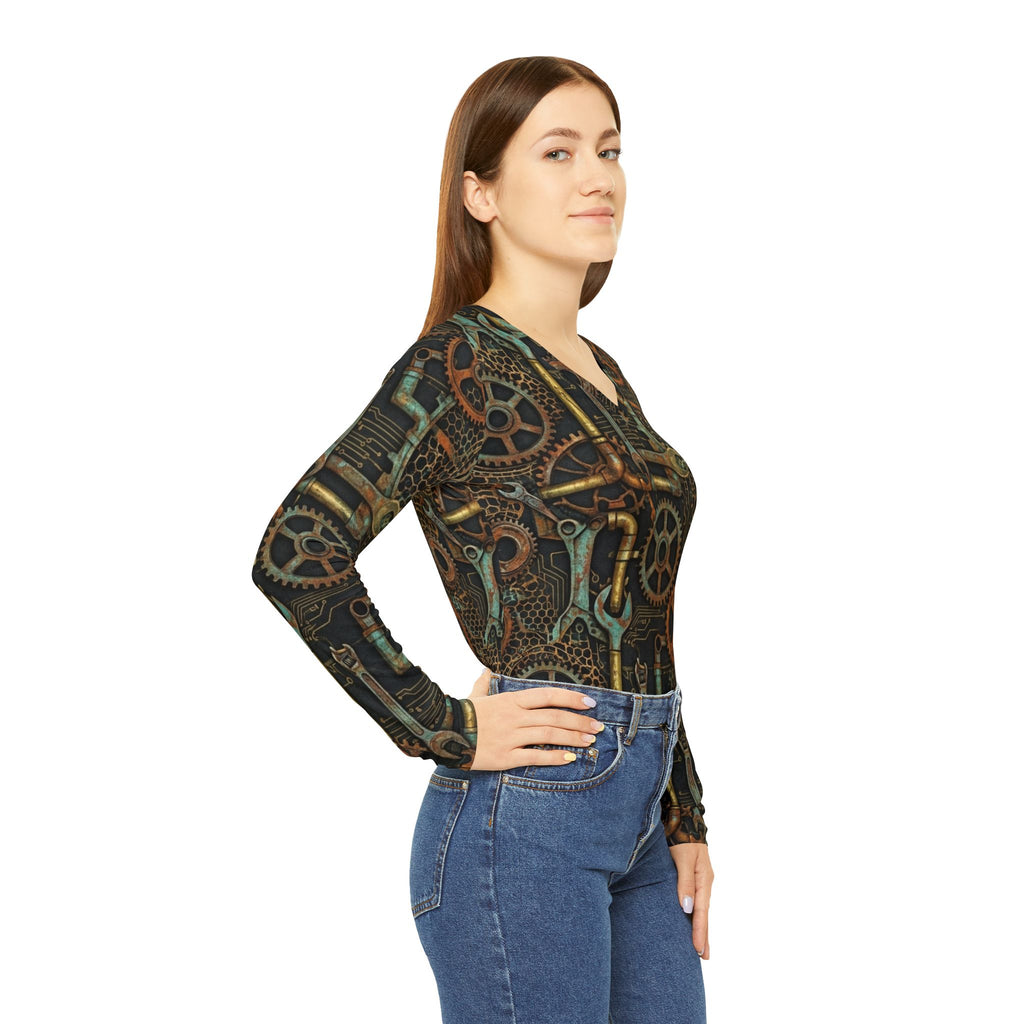 Steampunk Gears and Pipes Long Sleeve V-Neck Shirt | Industrial Mechanical Pattern