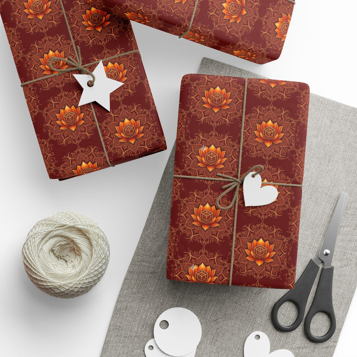 Autumn Floral Mandala Wrapping Papers | Burgundy Lotus Gift Wrap