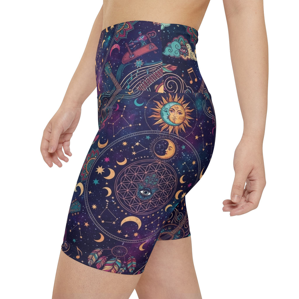 Celestial Music Pattern Workout Shorts | Cosmic Moon Sun Guitar