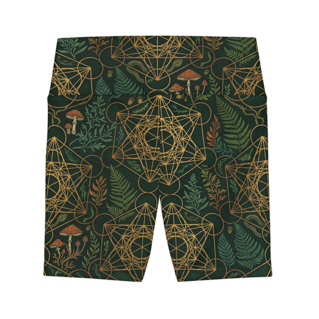 Sacred Geometry Ferns and Mushrooms Shorts | Green Botanical Pattern