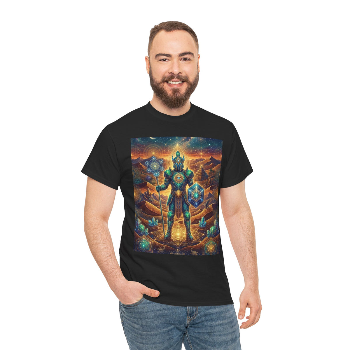 Cosmic Guardian Warrior T-Shirt | Mystic Geometric Armor, Starglow Artwork
