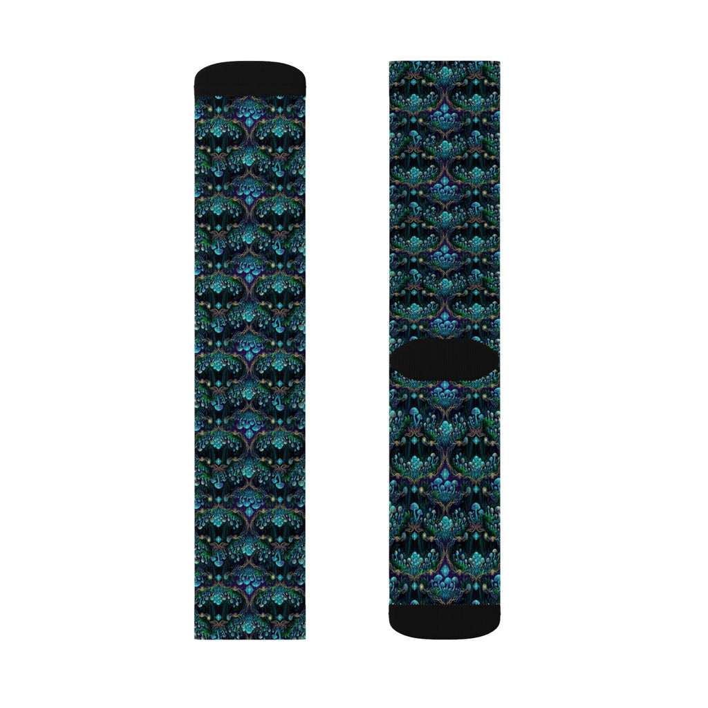 Teal Mushroom Socks Pattern Socks | Sublimation Crew Socks, Boho, Sacred Geometry