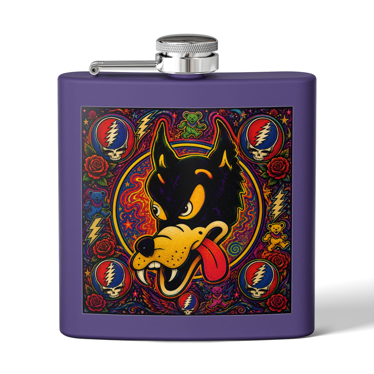Psychedelic  Dire Wolf Head Flask, Grateful Dead, gift for a deadhead