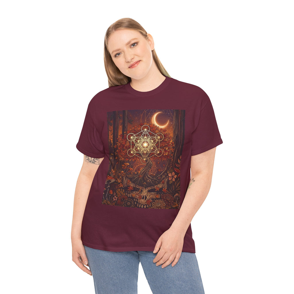 Metatron's Cube Crescent Moon T-Shirt | Mystic Forest Skull Design, Deadhead gift