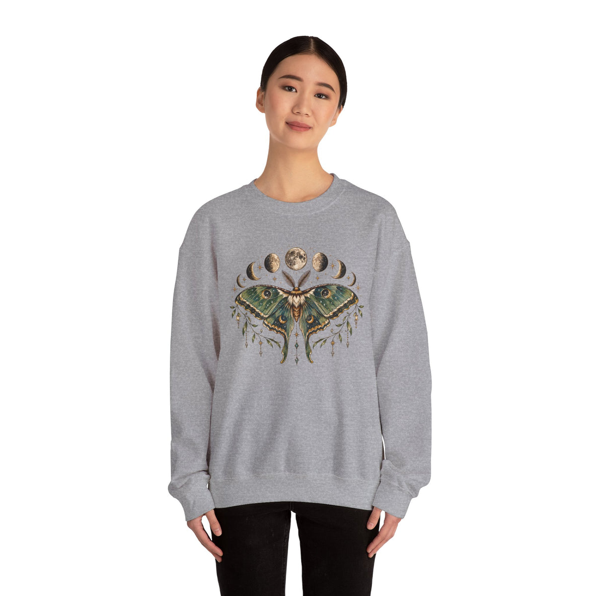 Luna Moth and Moon Phases Sweatshirt | Botanical Moth Illustration
