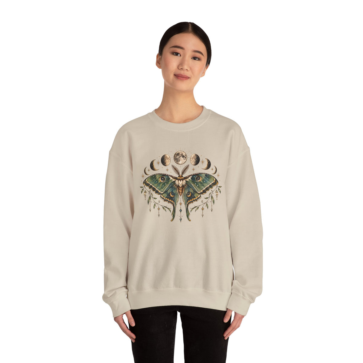 Luna Moth and Moon Phases Sweatshirt | Botanical Moth Illustration
