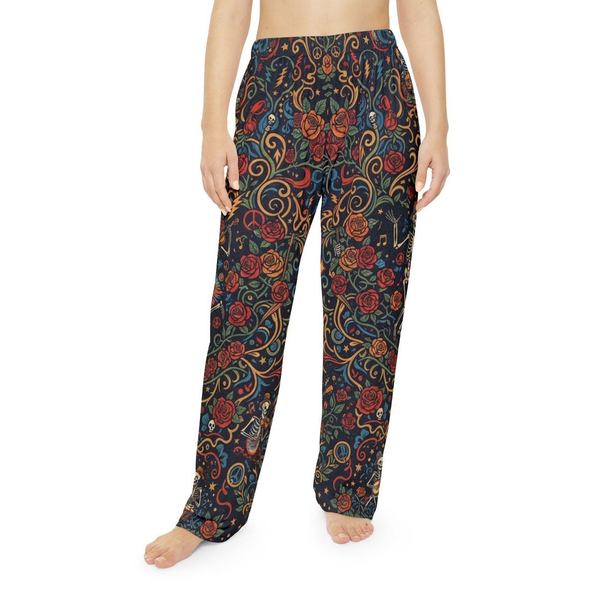 Ornate Deadhead Skeleton Pajama All-Over Print Loungewear Sleep Bottoms, Psychedelic Sacred Geometry Hippie Festival Pjs