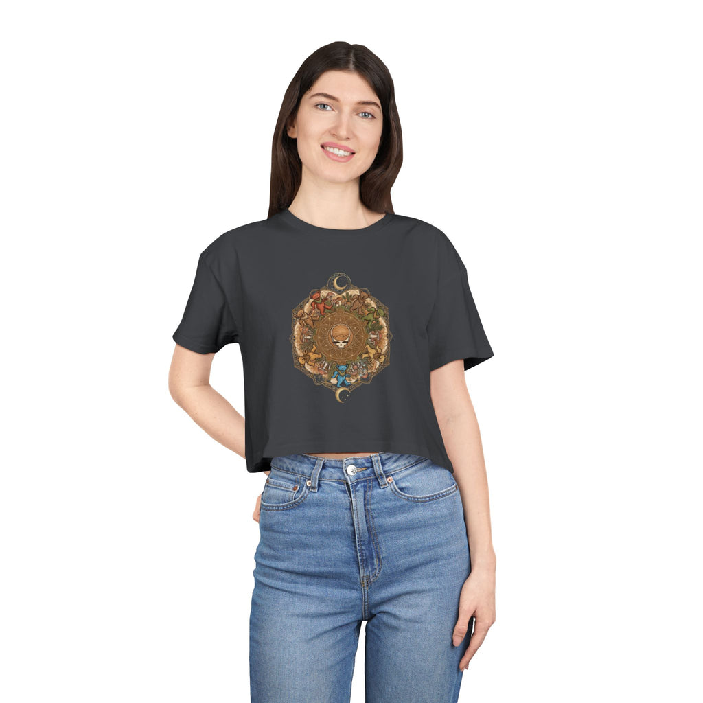 Celestial Lion Mandala Crop Tee | Moon, Flowers, Boho Sun Tee