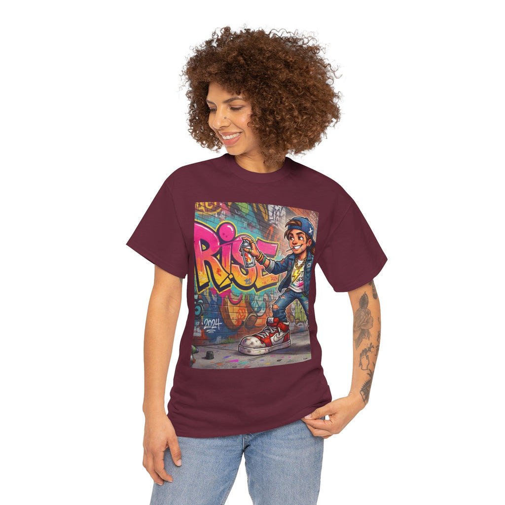 Graffiti Kid Skateboard Art T-Shirt | Urban Streetwear, Colorful Spray Paint Design