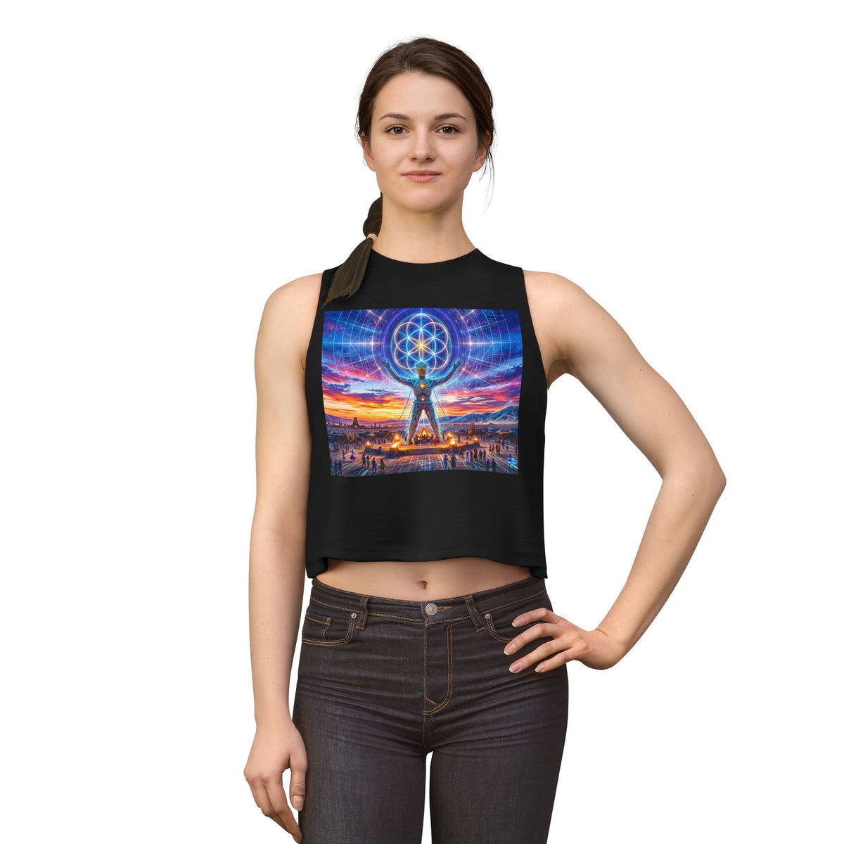 Sacred Geometry Burner Figure Crop Top | Psychedelic Sunset Temple, Black Rock City, Feel the Burn, Burning Man Vision Quest