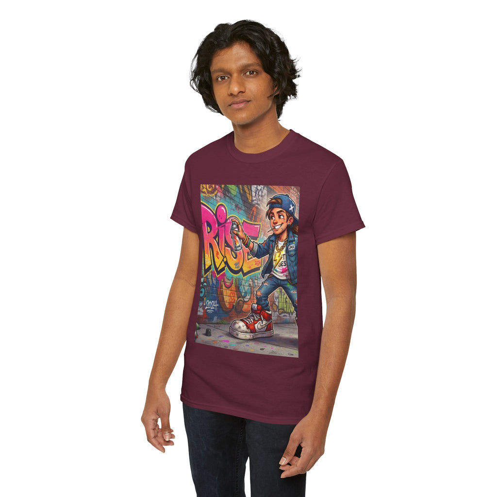 Graffiti Kid Skateboard Art T-Shirt | Urban Streetwear, Colorful Spray Paint Design