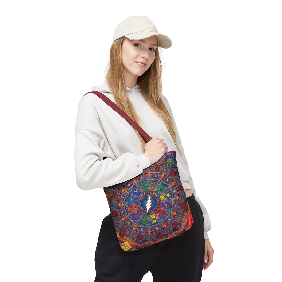Psychedelic Mandala with Lightning Skull Tote Bag | Colorful Grateful Dead Art