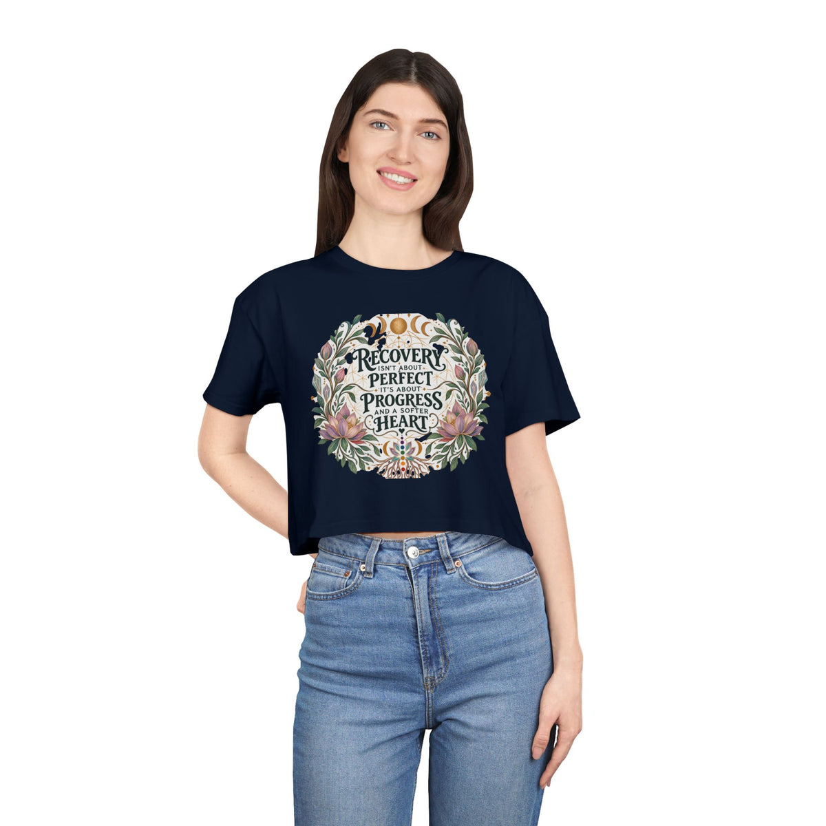 Recovery Is Progress Crop Tee | Floral Laurel Design, Inspirational Quote