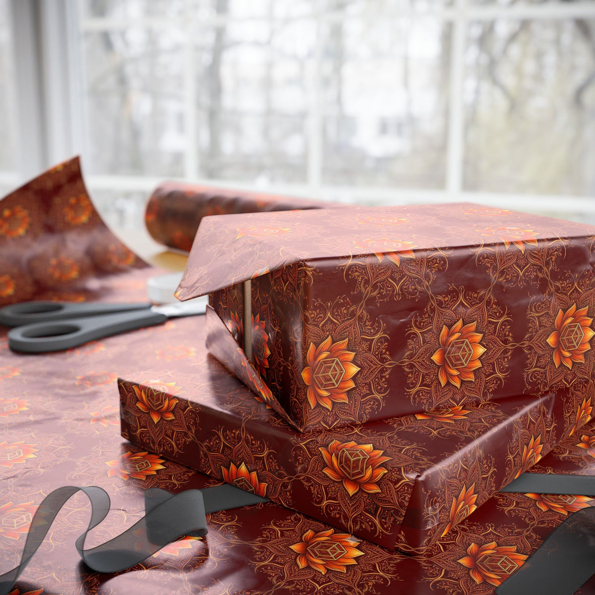 Autumn Floral Mandala Wrapping Papers | Burgundy Lotus Gift Wrap