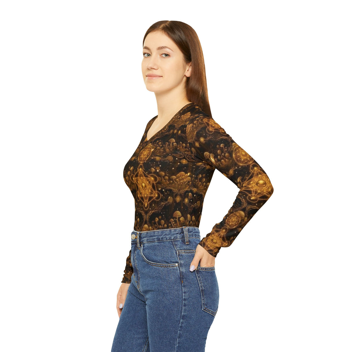 Golden Kaleidoscope Pattern Women's Long Sleeve V-neck Shirt | All-over Print, Burner Gear