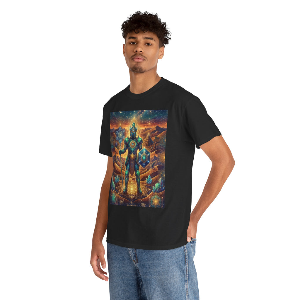 Cosmic Guardian Warrior T-Shirt | Mystic Geometric Armor, Starglow Artwork