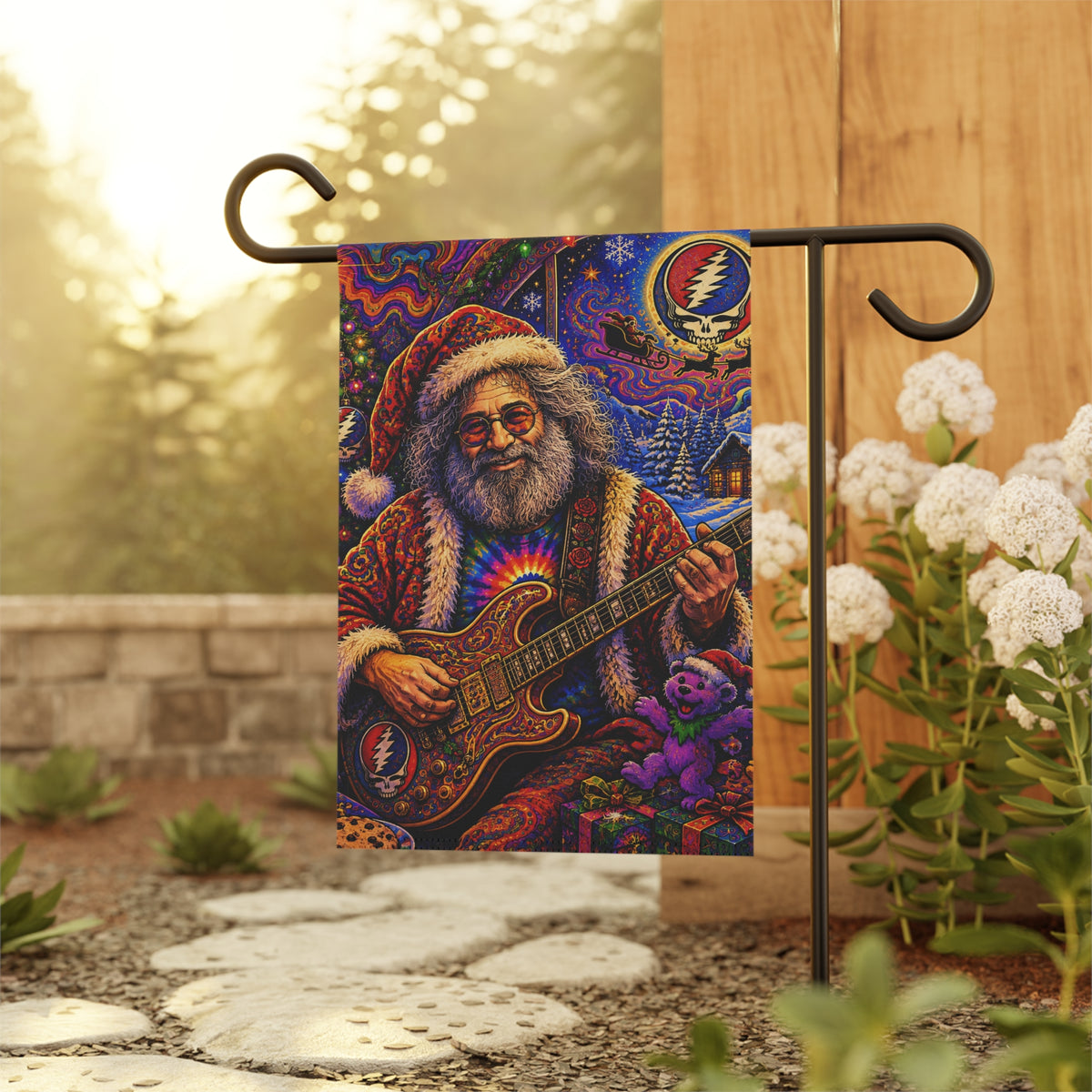 Santa Jerry Garcia Garden Flag | Christmas Grateful Dead House Banner, gift for a deadhead