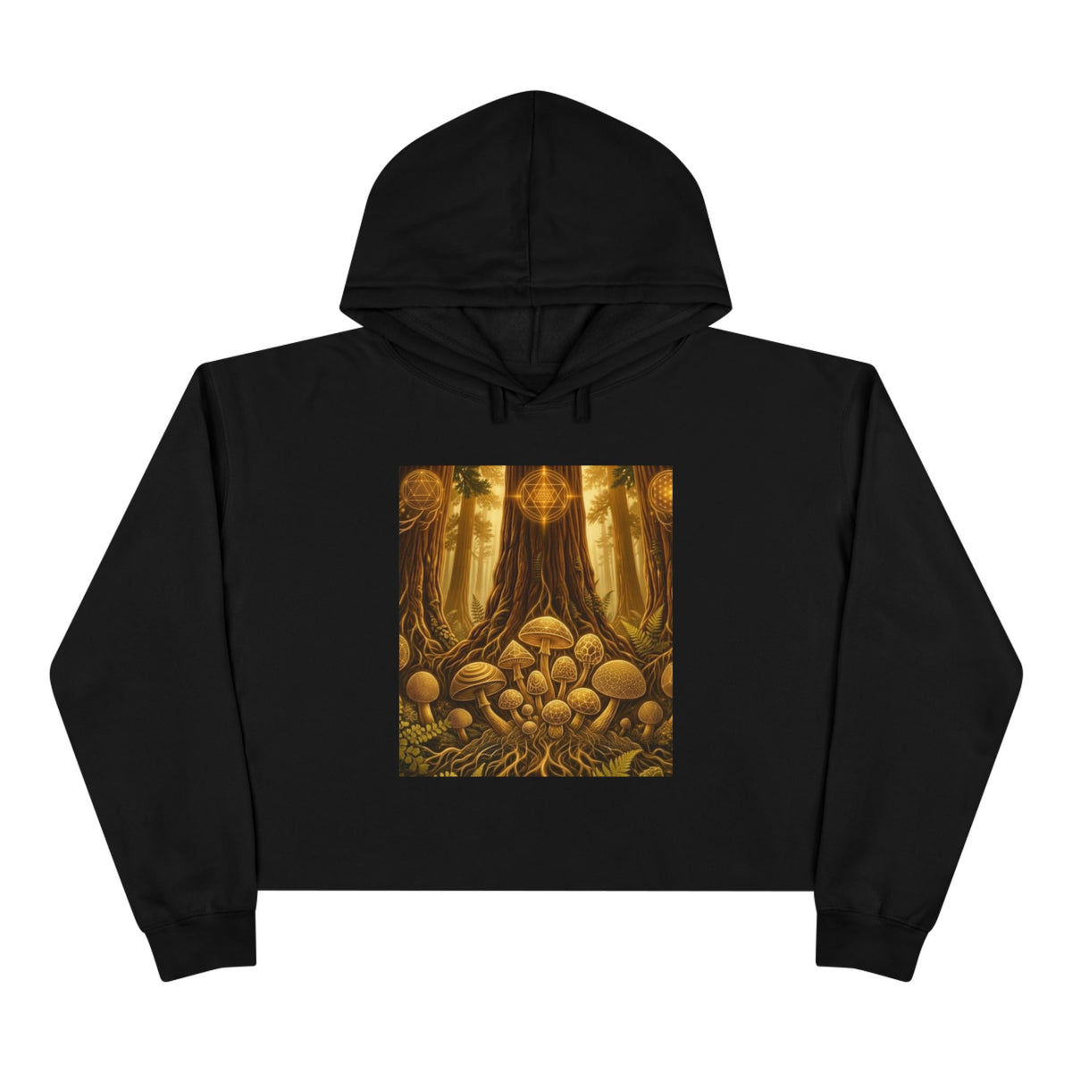 Burning man visionary , deadhead style Enchanted Mushroom Forest Crop Hoodie | Golden Fungi Woodland Art