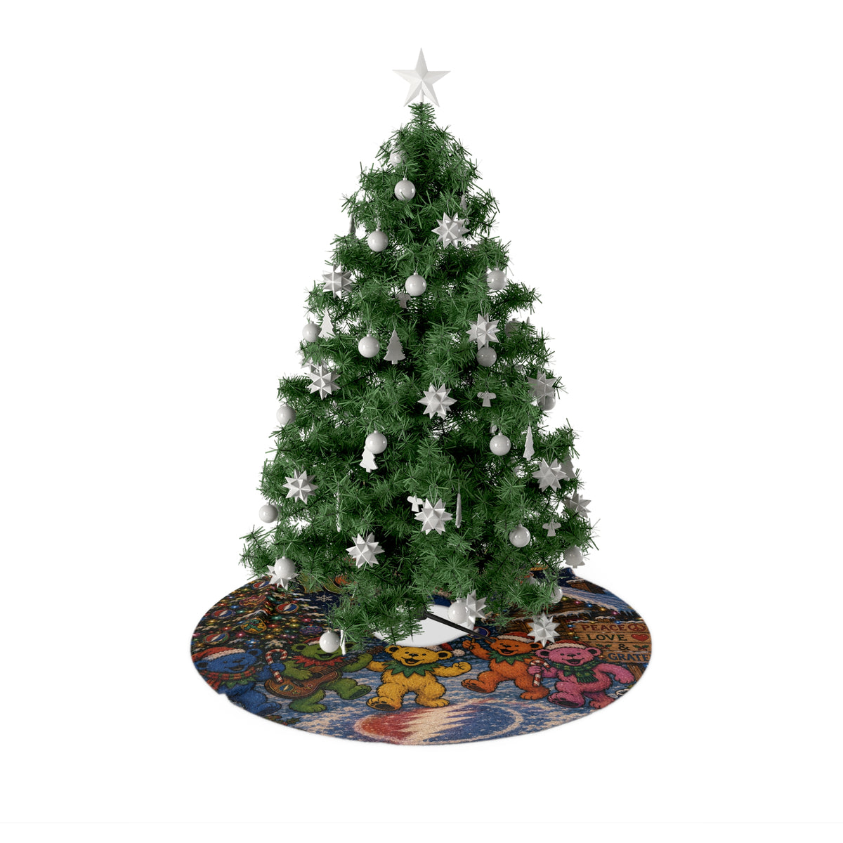 Happy Holidaze Dancing Bears Christmas Tree Skirt | Peace Love Gratitude Holiday Décor, grateful dead inspired