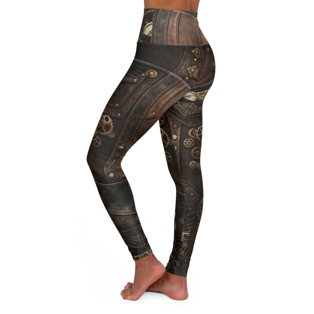 Steampunk Gears Pattern High Waisted Yoga Leggings | Vintage Mechanical Print