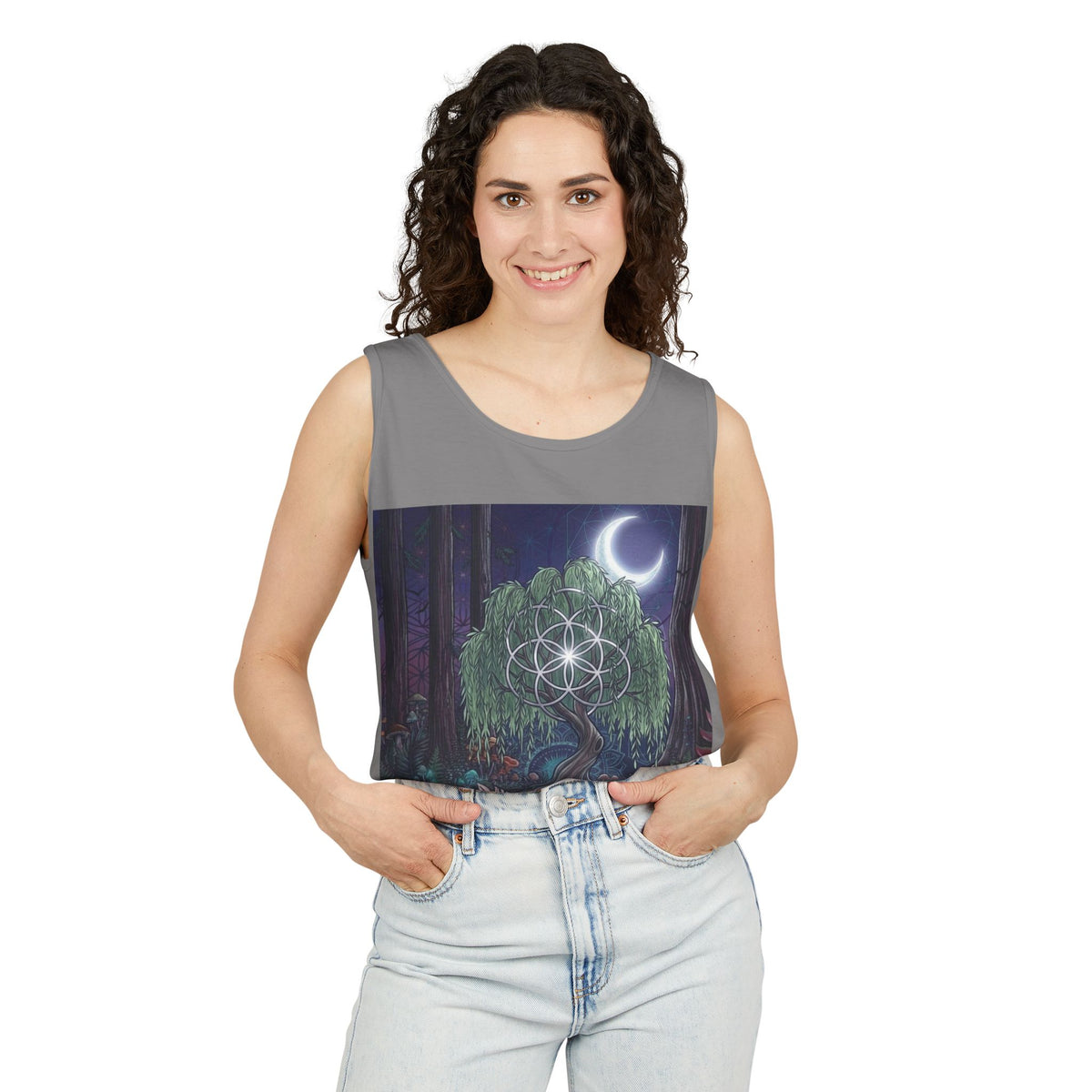 Mystical Moonlit Forest Tree Tank Top | Crescent Moon, Geometric Flower of Life
