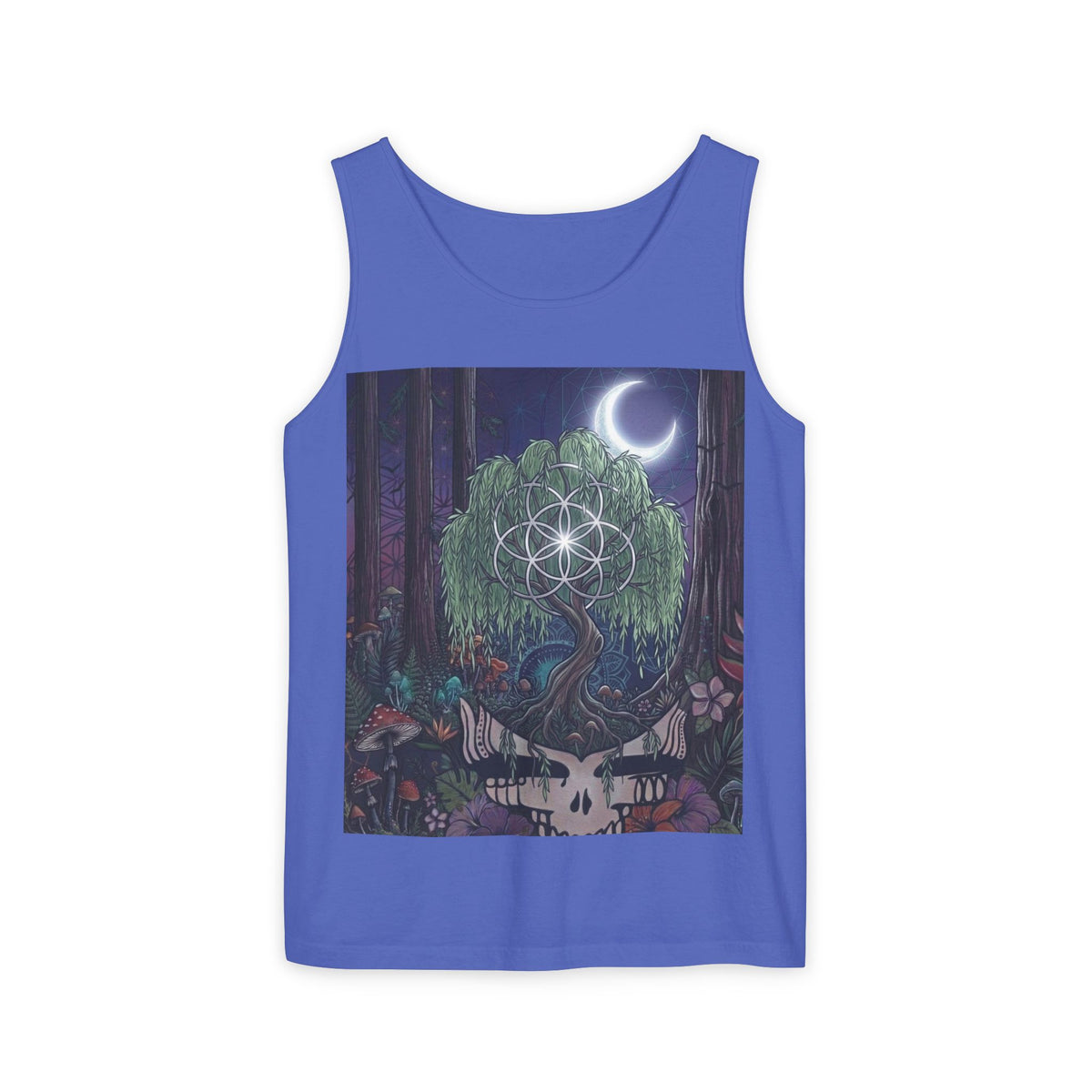 Mystical Moonlit Forest Tree Tank Top | Crescent Moon, Geometric Flower of Life