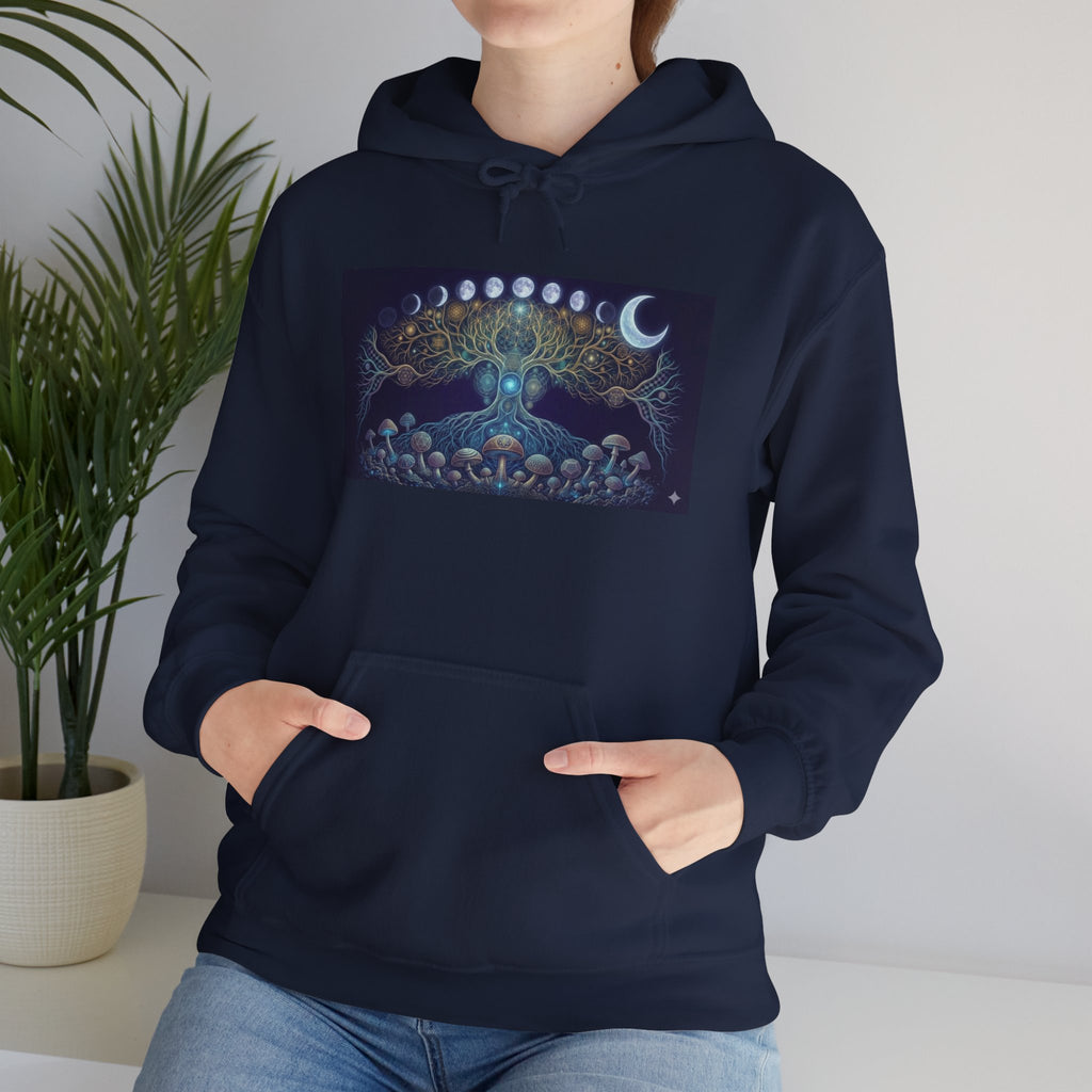 Celestial Tree of Life Hoodie | Moon Phases, Mystic Forest Illustration, Burning Man Apparel