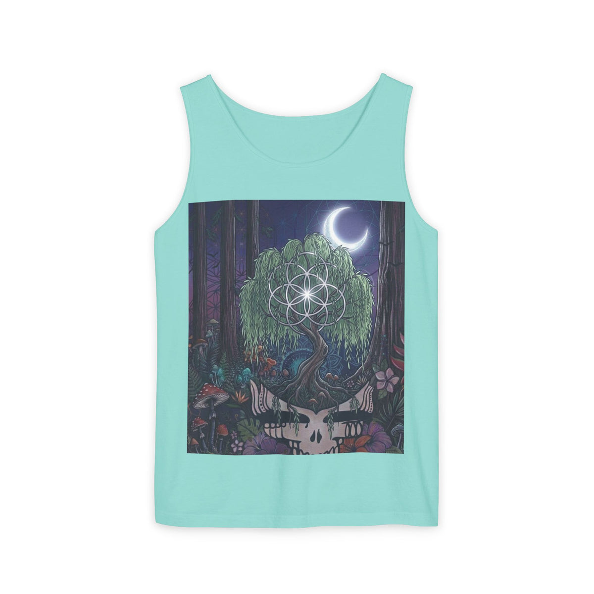 Mystical Moonlit Forest Tree Tank Top | Crescent Moon, Geometric Flower of Life