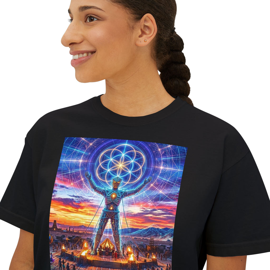 Sacred Geometry Stargazer Tee | Spiritual Mandala Figure, Cosmic Sunset