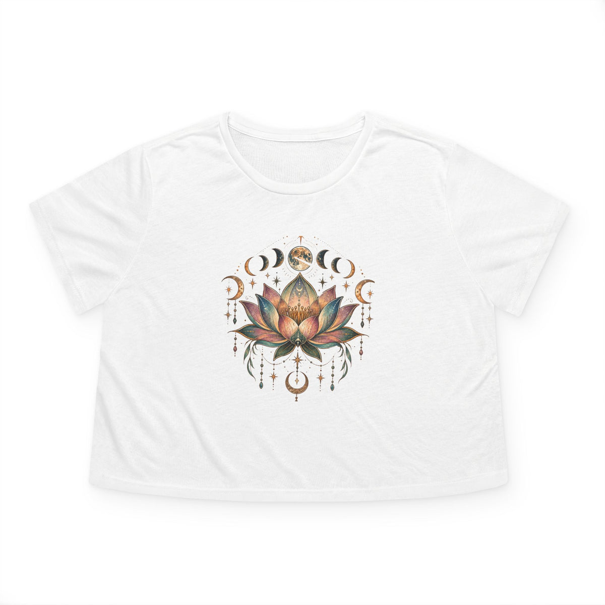 Lotus Moon Phases Cropped Tee | Floral Mandala Spiritual Boho, Yoga Crop top, Meditation tee, Burning Man , gift for her, Divine Goddess