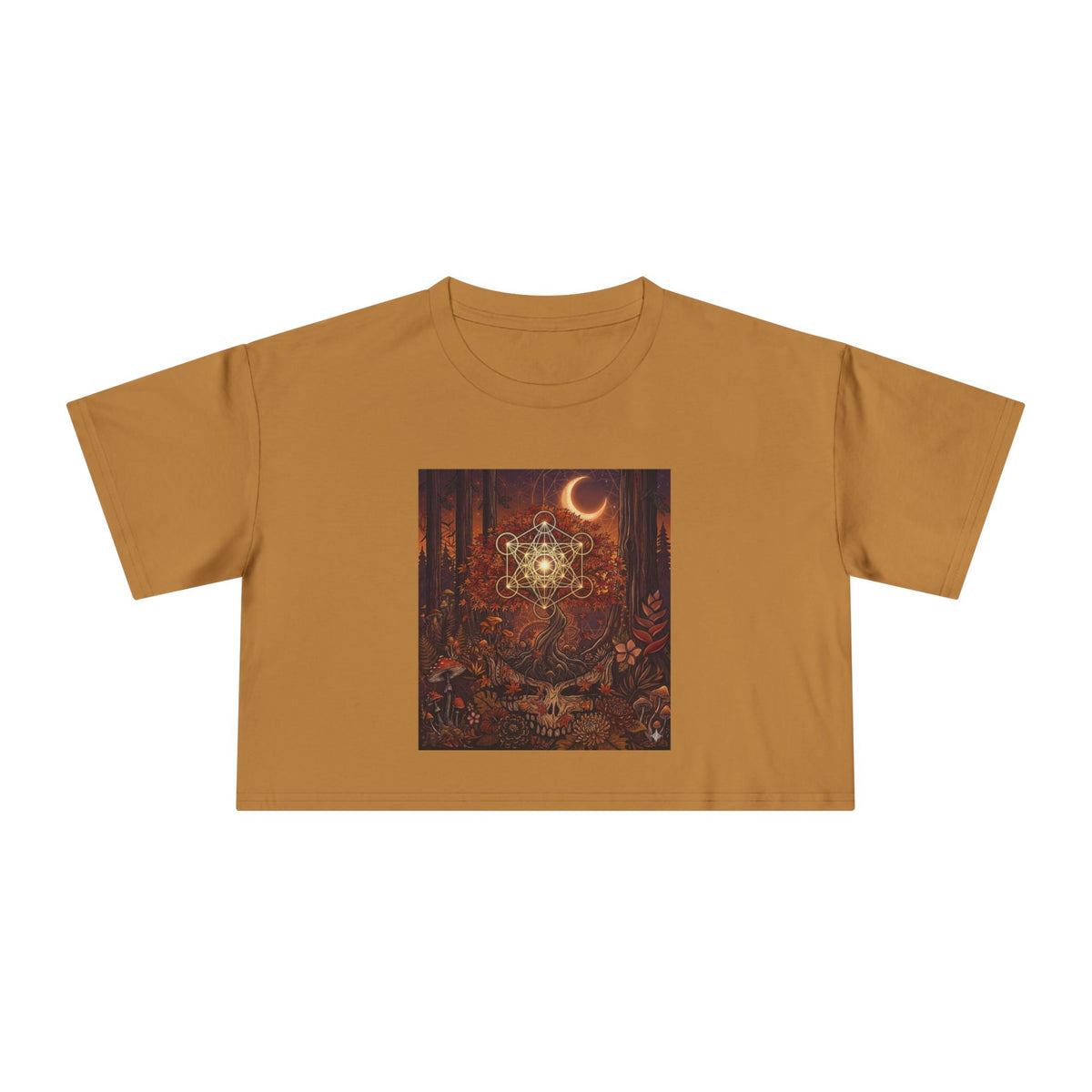 Celestial Moon Mandala Forest Scene Crop Tee | Mystic Night Nature Top