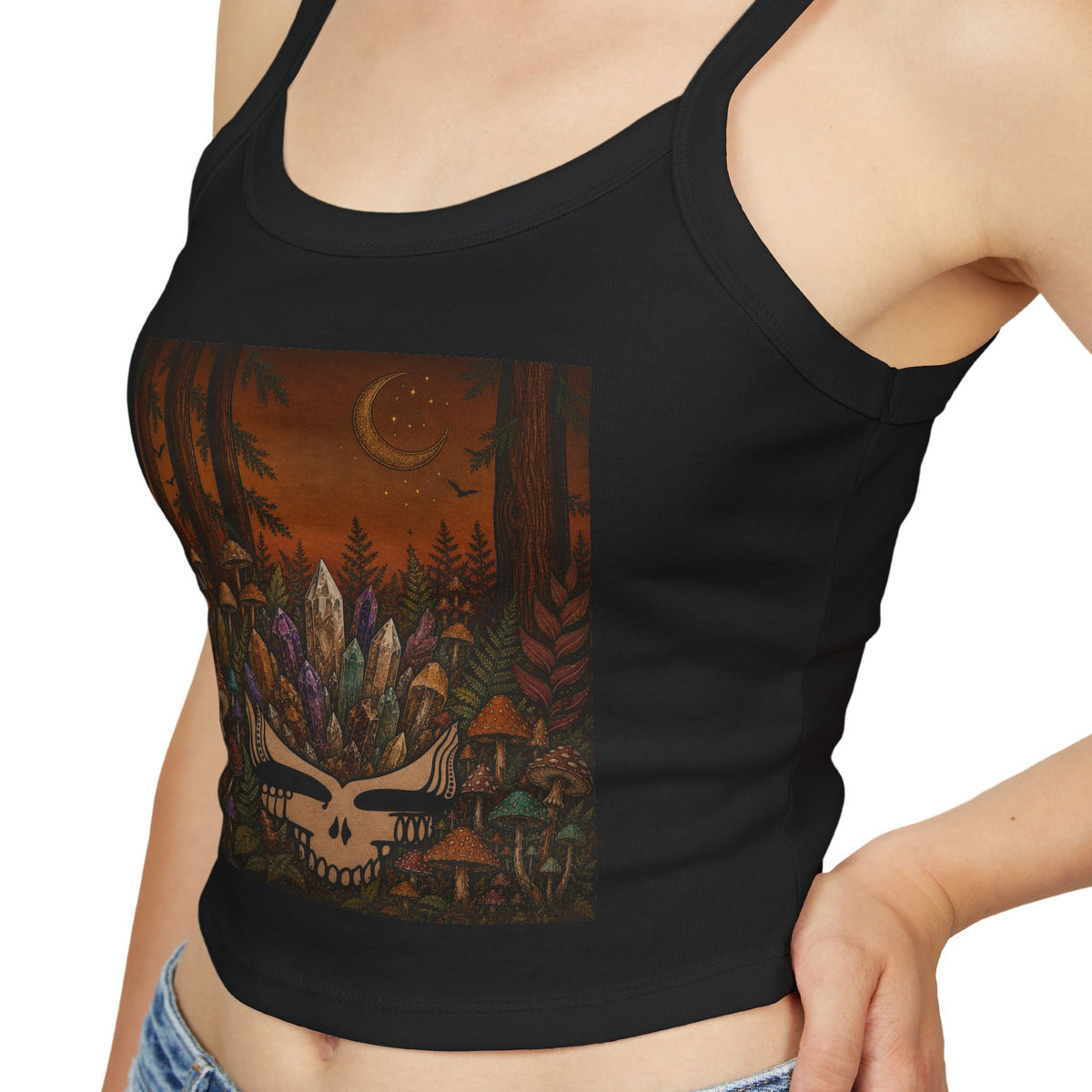 Mystic Forest Skull with Feathers Tank Top | Boho Moon Woodland Design