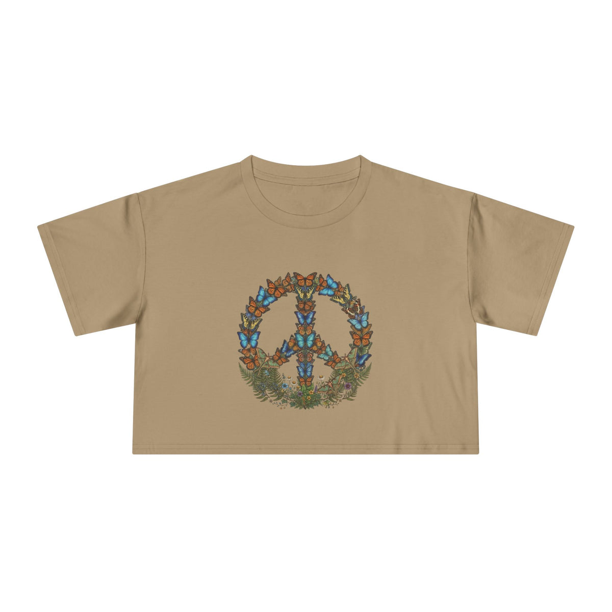 Floral Butterfly Peace Sign Crop Tee | Boho Nature Hippie Shirt