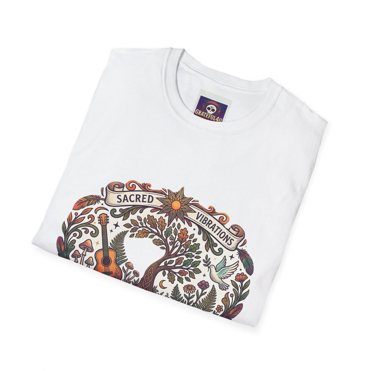 Sacred Vibration peacock and guitar T-Shirt | floral folk art design
