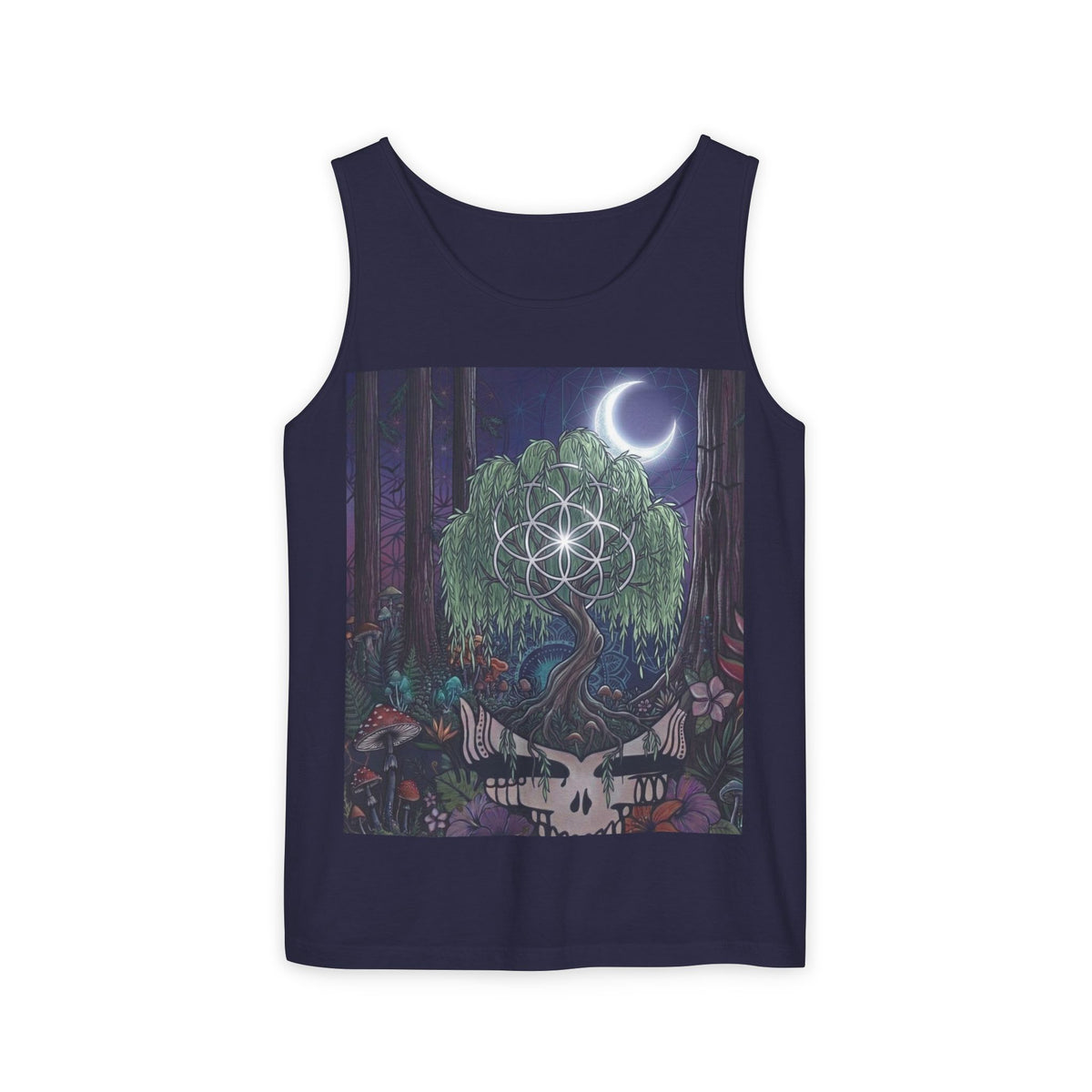 Mystical Moonlit Forest Tree Tank Top | Crescent Moon, Geometric Flower of Life